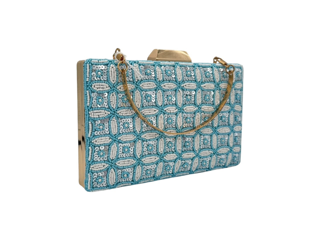 Elite Couture Sky Blue Embroidered Clutch with Golden Detail