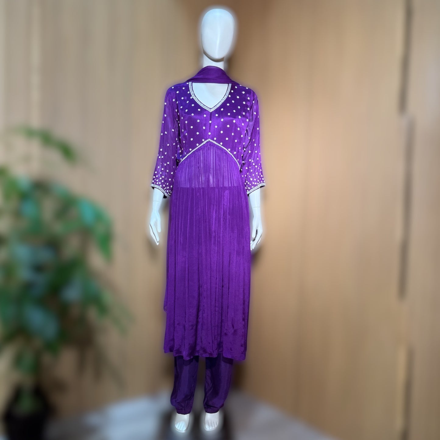 Women's Purple Pant Suit with Diamond Style Work in Georgette