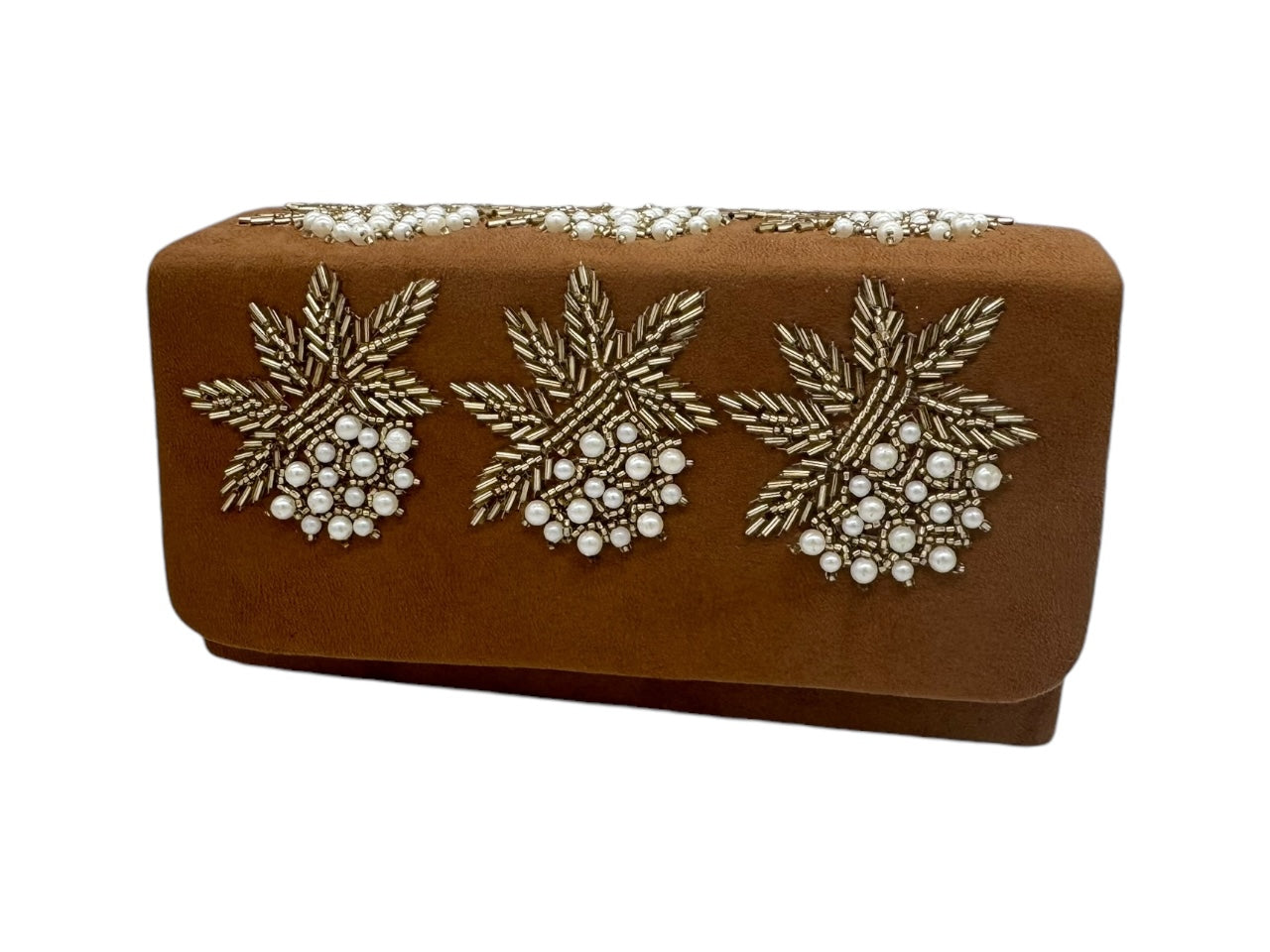 Elite Couture Suede Clutc with Embroidered Flowers & Petals