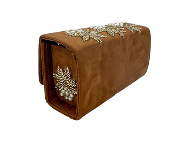 Elite Couture Suede Clutc with Embroidered Flowers & Petals