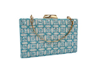 Elite Couture Sky Blue Embroidered Clutch with Golden Detail