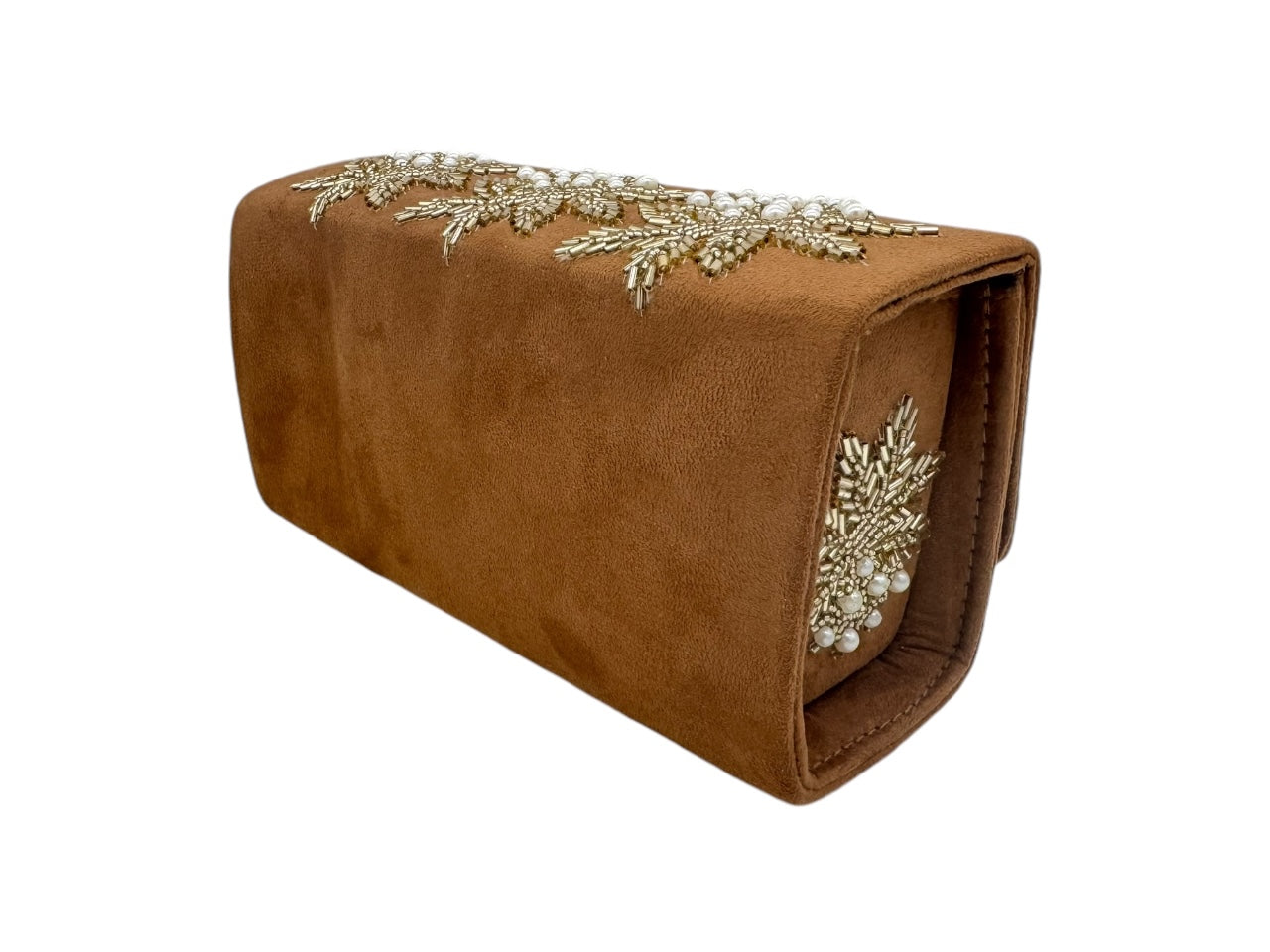 Elite Couture Suede Clutc with Embroidered Flowers & Petals