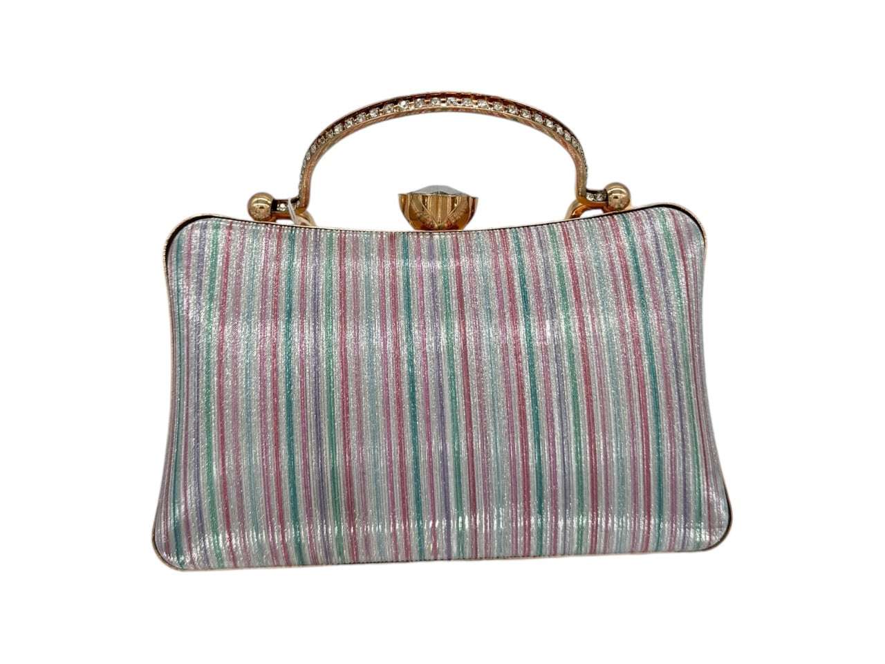 Elite Couture Multi-Colored Striped Shiny HighStyle Clutch with Diamond Style Buckle