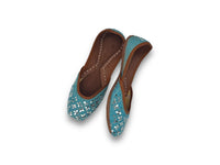 Vibrant Blue Studded Embroidered Indian Ethnic Traditional Jooti Shoes for Women