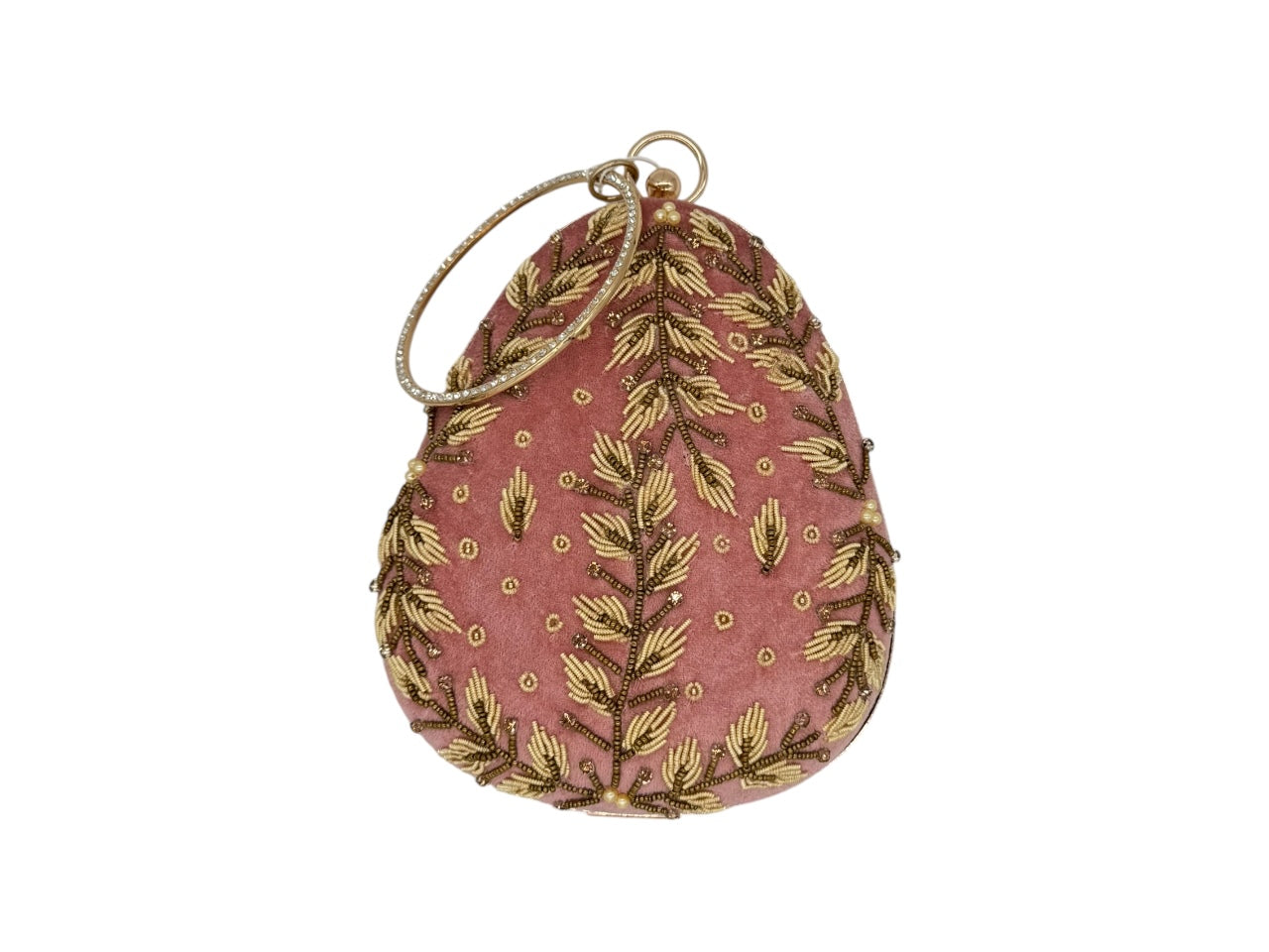 Elite Couture Light Pink Velvet Embroidered Clutch with Shoulder Chain & Round Holder