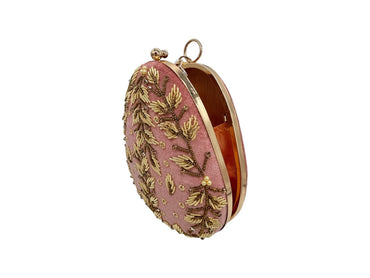 Elite Couture Light Pink Velvet Embroidered Clutch with Shoulder Chain & Round Holder