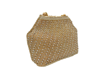 Elite Couture Golden Pearl Studded Clutch with Pearl Detailed Handle