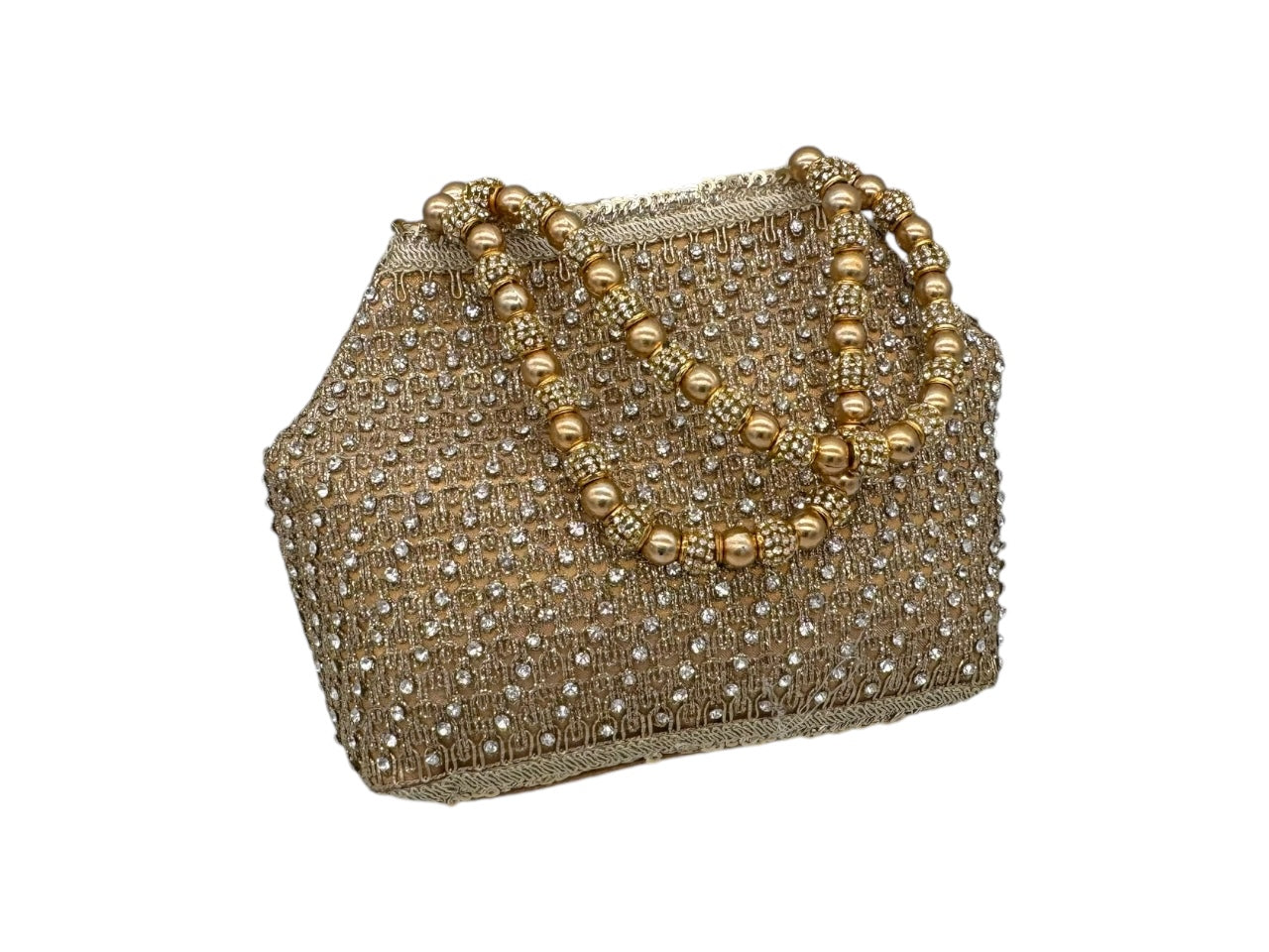 Elite Couture Golden Pearl Studded Clutch with Pearl Detailed Handle