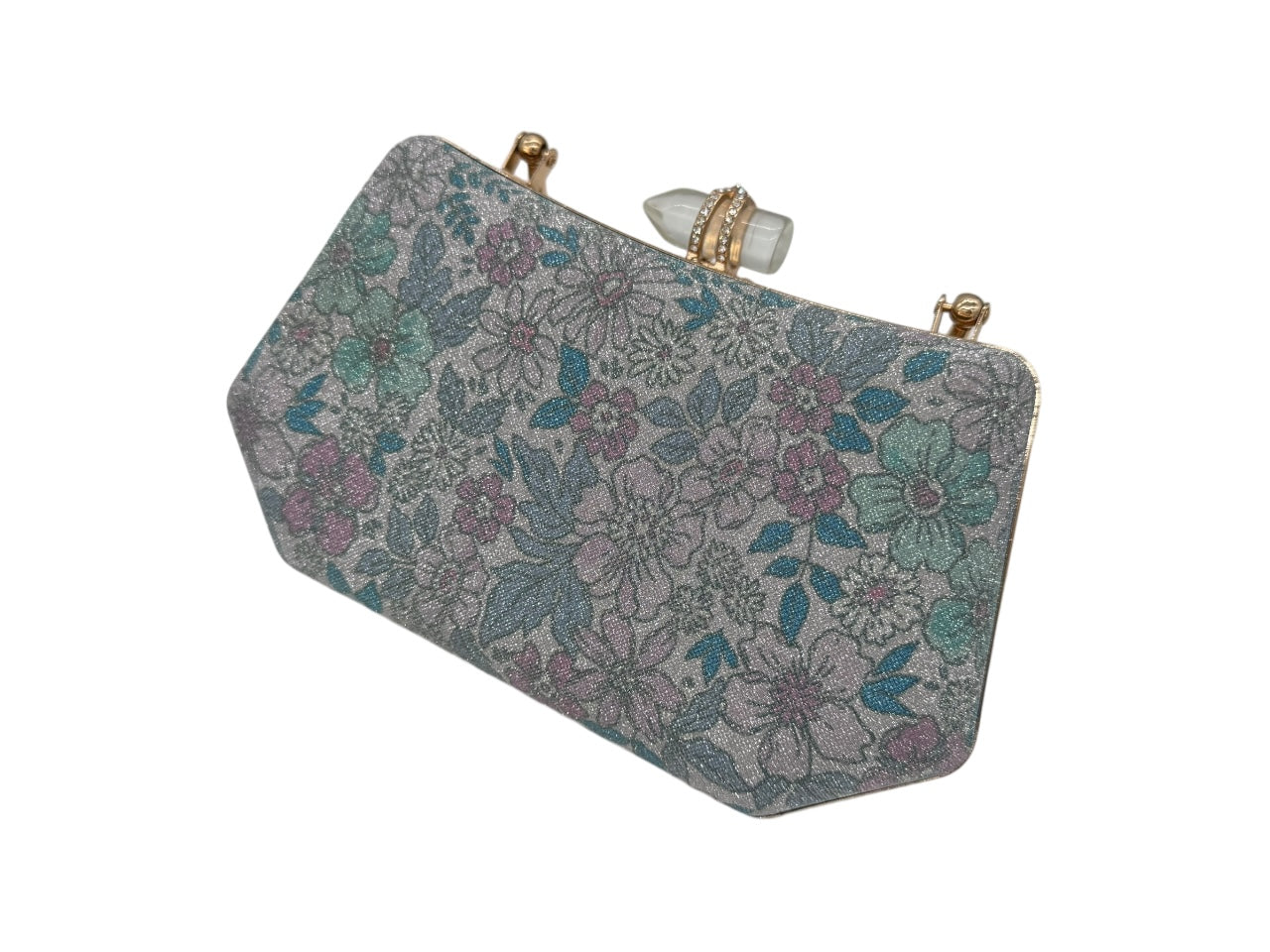 Elite Couture Floral Printed Pencil Shaped Stone Buckle Clutch in Light Green