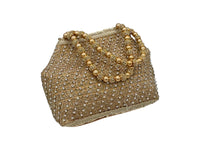 Elite Couture Golden Pearl Studded Clutch with Pearl Detailed Handle