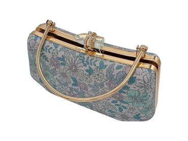 Elite Couture Floral Printed Pencil Shaped Stone Buckle Clutch in Light Green