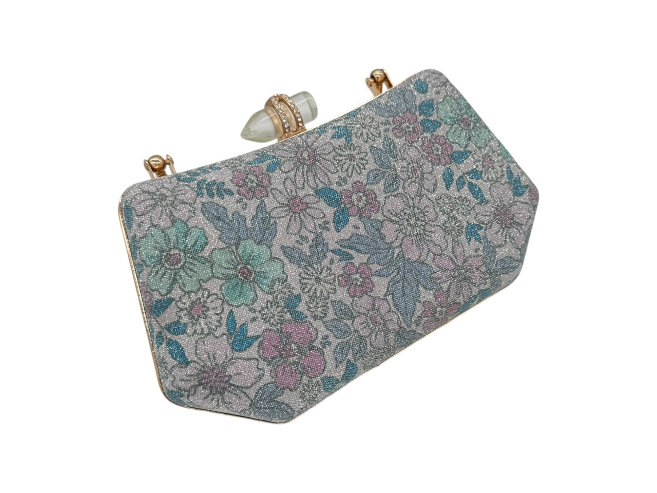 Elite Couture Floral Printed Pencil Shaped Stone Buckle Clutch in Light Green