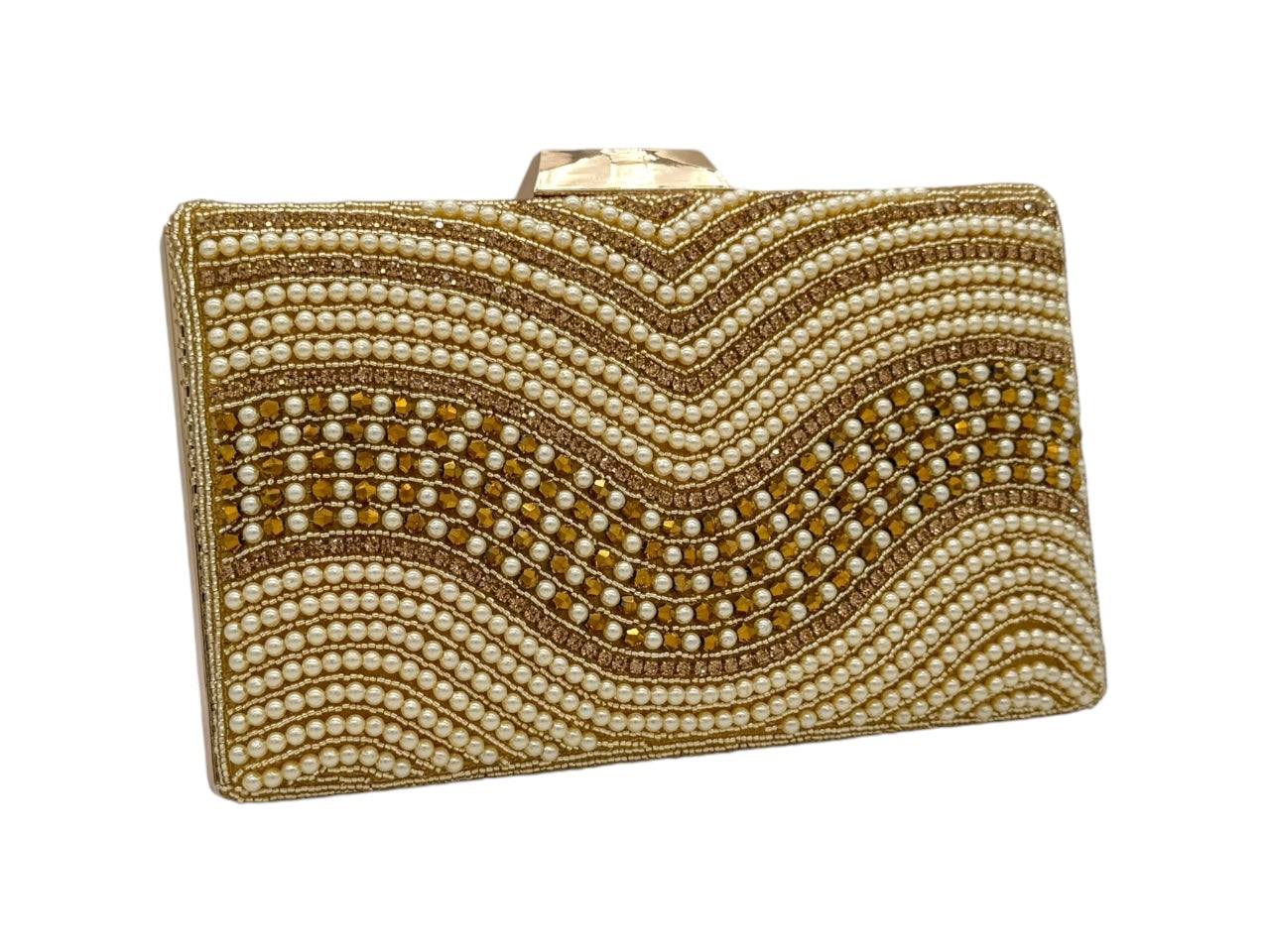 Elite Couture Festive Pearl Embroidered Clutch with Golden Detailing