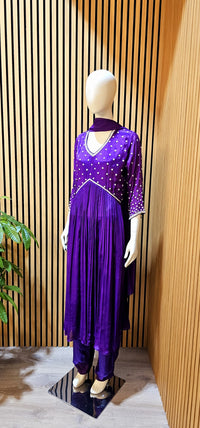 Women's Purple Pant Suit with Diamond Style Work in Georgette