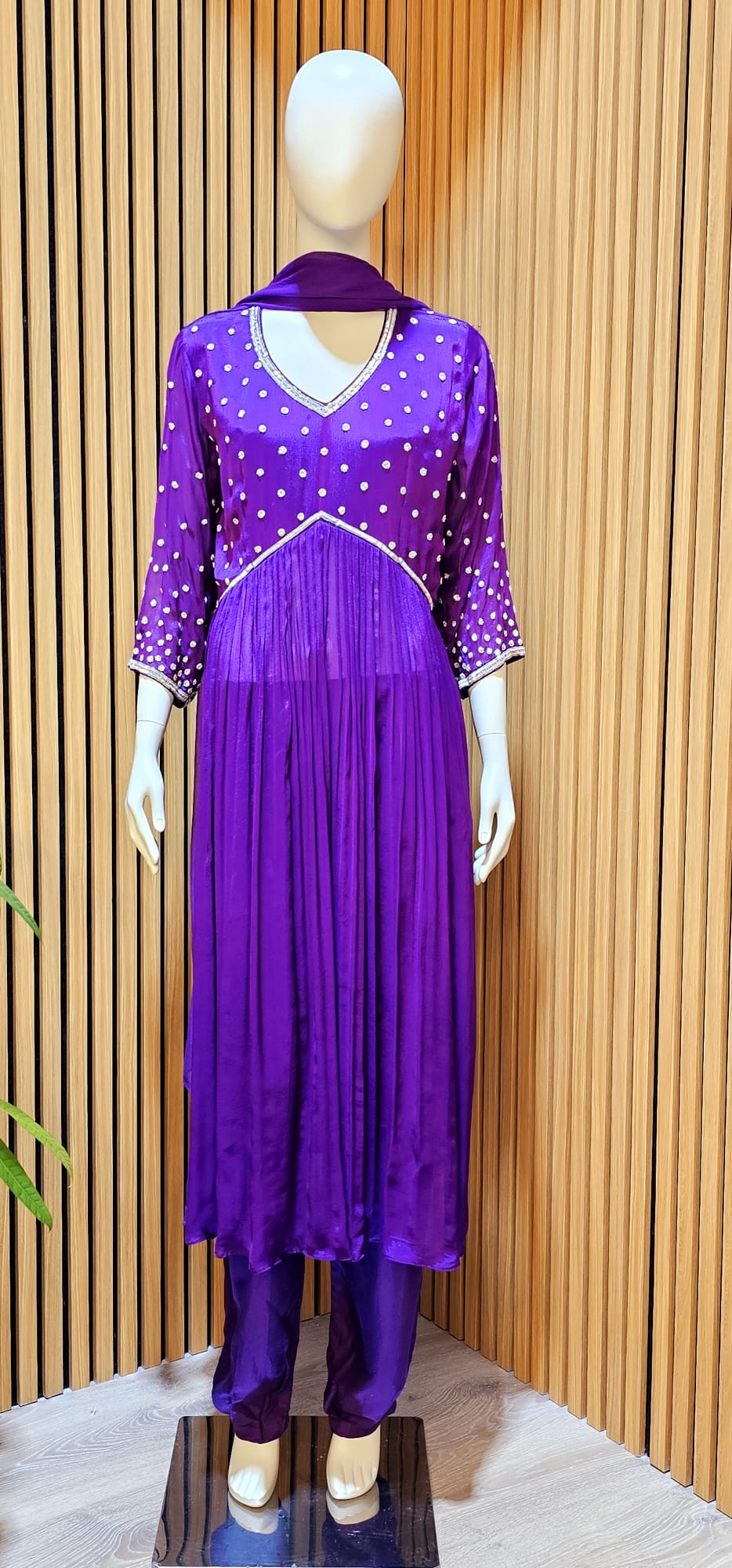 Women's Purple Pant Suit with Diamond Style Work in Georgette